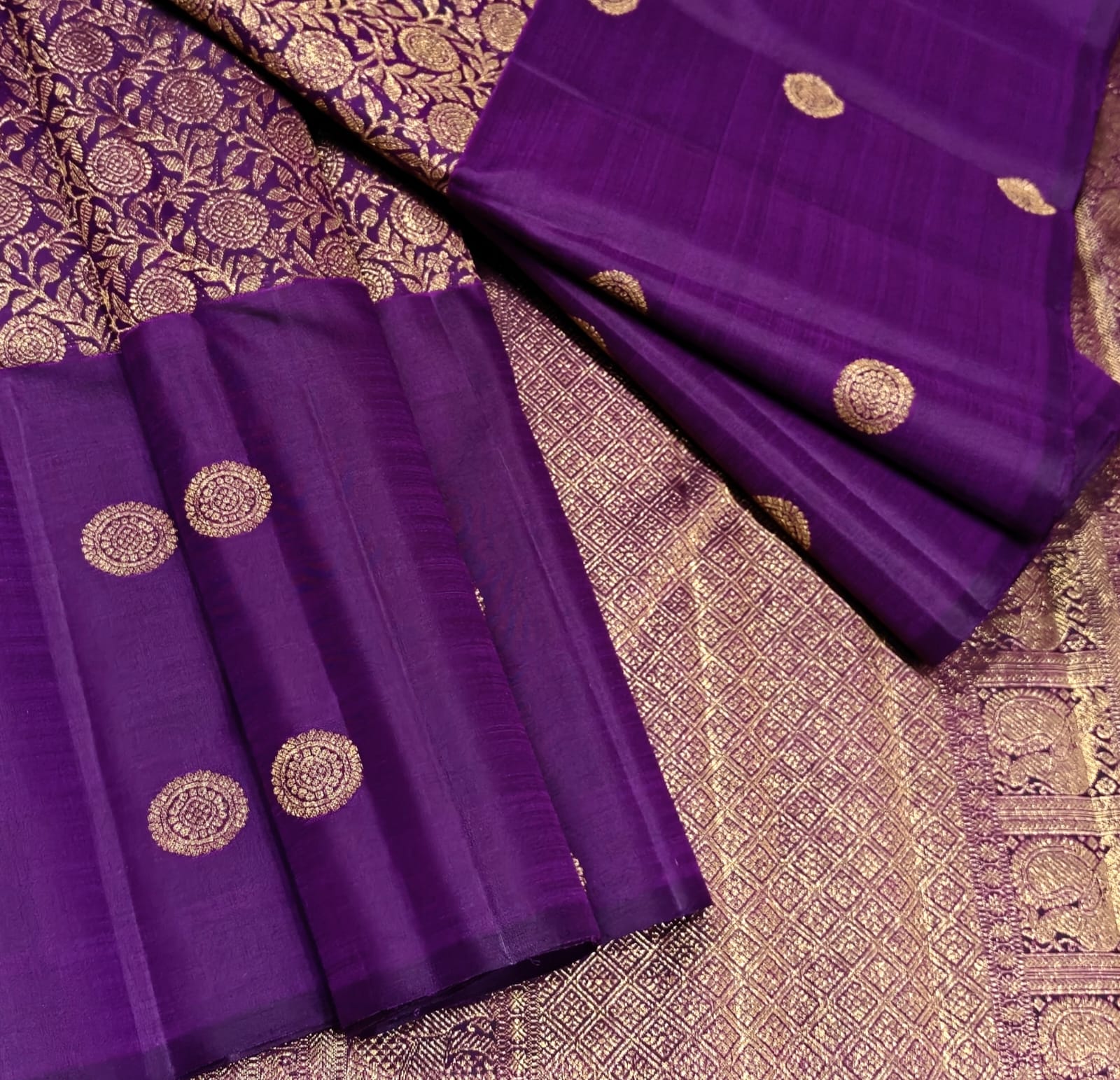 Purple Banarasi Silk Saree with Gold Zari Coin Butas.